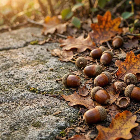 Acorns and oak leaves on the ground in the forest. Autumn background.