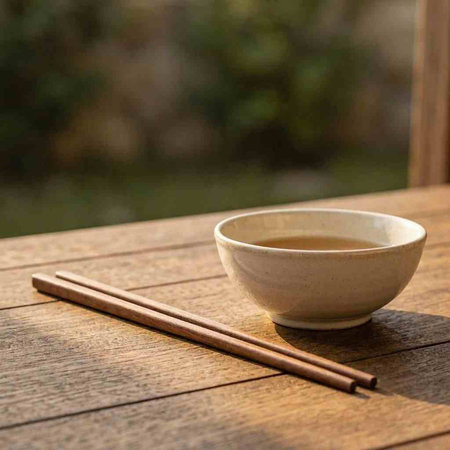 A cup of tea and chopsticks on a wooden table in the garden