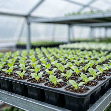 Organic hydroponic vegetable seedlings growing in a greenhouse.