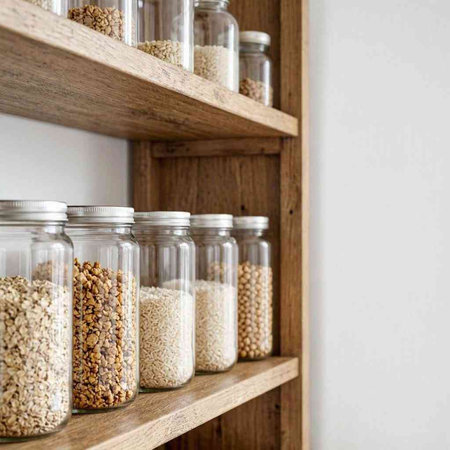 Glass jars with cereals on a wooden shelf in the kitchen.
