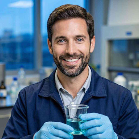 Portrait of a smiling male scientist holding a glass of water.