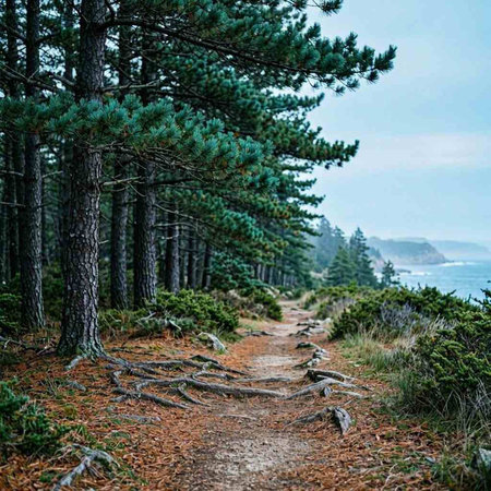 Hiking trail in the forest with pine trees and sea in the background