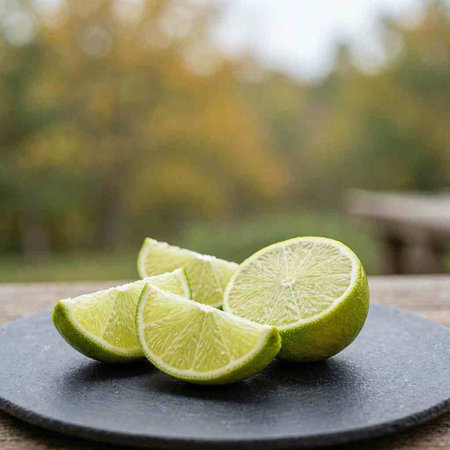 lime slices on black slate plate on wooden table in autumnal park
