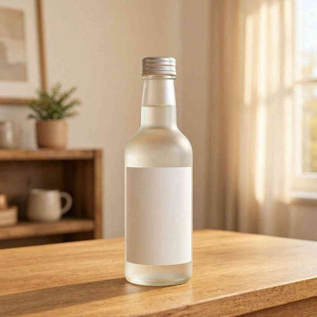 Alcohol bottle mockup with blank label on table in living room