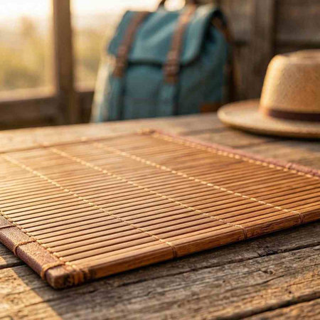 Bamboo napkin on a wooden table with a hat and backpack