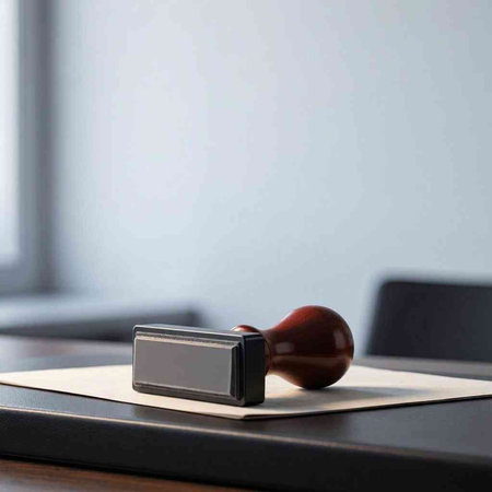Rubber stamp on the table in a courtroom or law enforcement office.