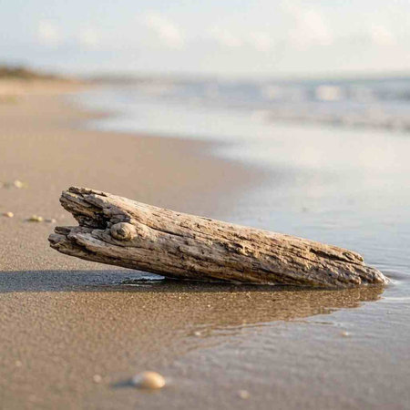 A driftwood on the beach, with sand and water in the background.