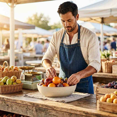 Handsome male farmer in apron is picking fresh ripe fruits at the farmers market.