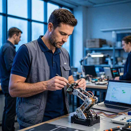 Technician working on a robotic arm in a workshop. Technology concept.