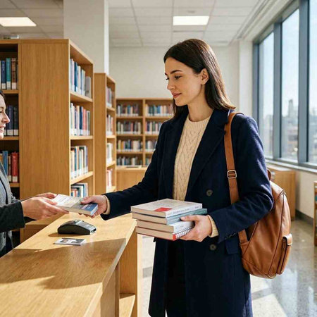 Female student giving money to female teacher in college library. Education concept