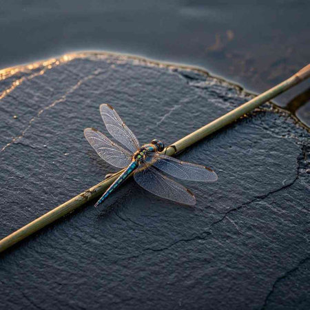A blue dragonfly resting on a reed in a lake.
