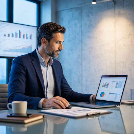 Handsome businessman working on laptop in office. Side view of mature bearded man in formal wear using laptop while sitting at desk. Business concept