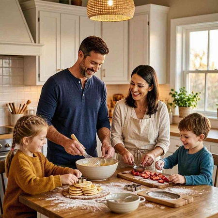 Happy family baking cookies in the kitchen at home. Mother, father and children making cookies.
