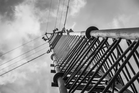 Communications Pole, signal line and cables. Black and White Photo.の写真素材