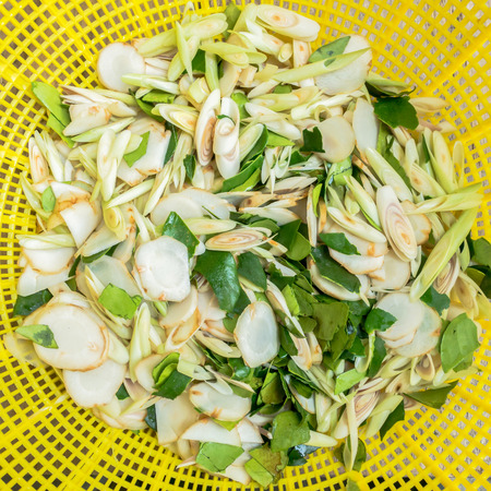 Galanga, lemon grass and kaffir lime leaf on white background, spice and ingredient for Thai food, Tom yam soup.の写真素材