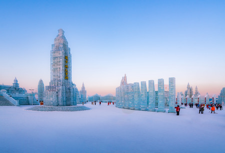Harbin, Heilongjiang, China - January 11, 2019: Amazing architecture at the ice festival. Ice building in International Ice and Snow Sculpture Festival.  Located in China Harbin Ice and Snow World on sun island in winter that Tourists are visiting.のeditorial素材