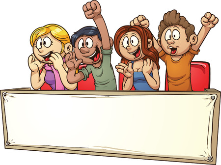 Cheering crowd with banner. Vector clip art illustration with simple gradients. Each element on a separate layer.のイラスト素材