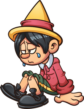 Sad Pinocchio crying. Vector clip art illustration with simple gradients. All in a single layer.のイラスト素材
