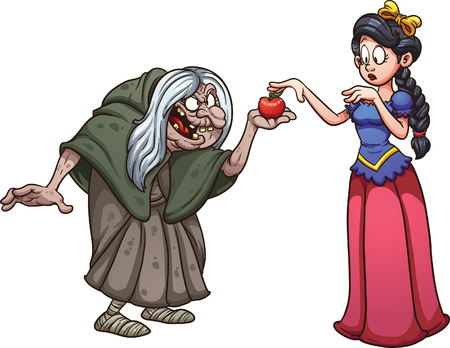 Snow white getting an apple from an old witch. Vector clip art illustration with simple gradients. Each on a separate layer.のイラスト素材