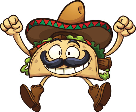 Happy cartoon taco with Mexican sombrero. Vector clip art illustration with simple gradients. All in a single layer.のイラスト素材