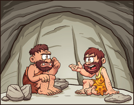 Cartoon cavemen conversing. Vector clip art illustration with simple gradients. Each element on a separate layer.のイラスト素材