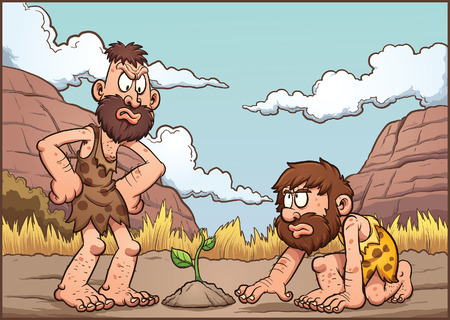 Cartoon cavemen discussing over a plant. clip art illustration with simple gradients. Background and cavemen on separate layers.のイラスト素材