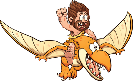 Cartoon caveman riding a pterodactyl. Vector clip art illustration with simple gradients. All in a single layer.のイラスト素材