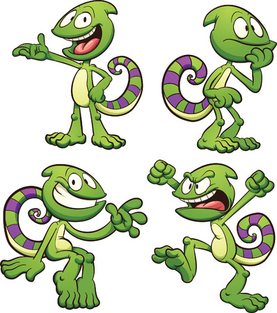 Cartoon chameleon with different poses. clip art illustration with simple gradients. Each pose on a separate layer.のイラスト素材