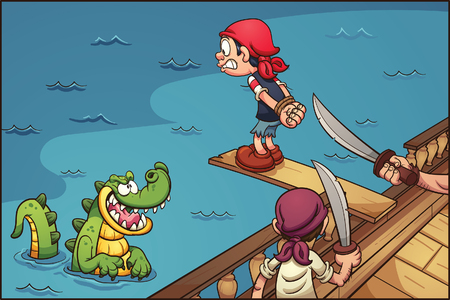 Cartoon pirate kid walking the plank. Vector clip art illustration with simple gradients. Characters and background on separate layers.のイラスト素材