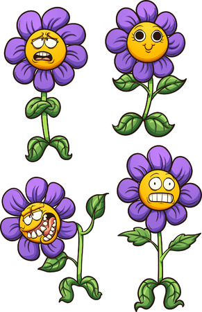 Purple cartoon flower with different expressions. Vector clip art illustration with simple gradients.のイラスト素材