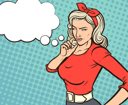 Thinking retro woman comic book character. Vector illustration. Some elements on separate layers.のイラスト素材