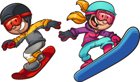 Happy snowboarding kids. Vector clip art illustration with simple gradients. Boy and girl on separate layers.のイラスト素材