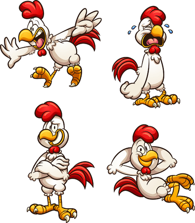 Cartoon rooster with different poses and expressions. Vector clip art illustration with simple gradients. Each on a separate layer.のイラスト素材