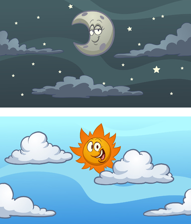 Day and night sky background. Vector clip art illustration with simple gradients. Some elements on separate layers.のイラスト素材