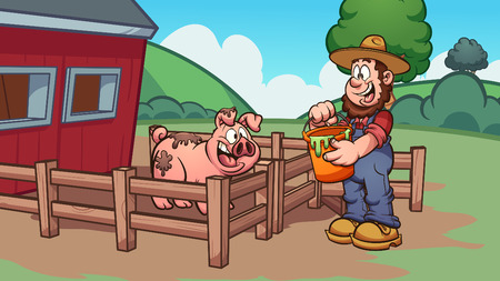 Cartoon farmer feeding a pig. Vector clip art illustration with simple gradients. Some elements on separate layers.のイラスト素材