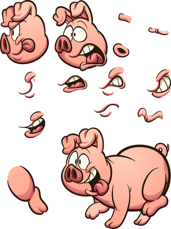 Cartoon pig with different poses and expressions. Vector clip art illustration with simple gradients. Some elements on separate layers.のイラスト素材
