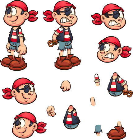 Cartoon pirate boy with separate parts ready for animation. Vector clip art illustration with simple gradients. Some elements on separate layers.のイラスト素材