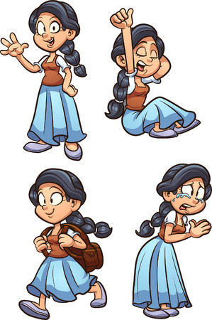 Fairy tale medieval peasant girl with different expressions. Vector clip art illustration with simple gradients. Each on a separate layer.のイラスト素材