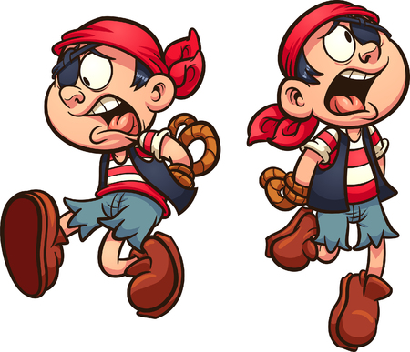 Pirate boy falling with hands tied behind back. Vector clip art illustration with simple gradients. Each on a separate layer.のイラスト素材