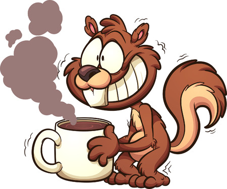 Caffeinated squirrel shaking and holding a big cup of coffee.  Vector clip art illustration with simple gradients. Squirrel and steam on separate layers.