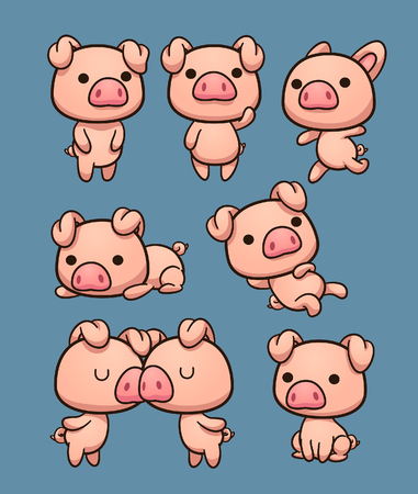 Cute kawaii cartoon pigs in different poses. Vector clip art illustration with simple gradients. Each on a separate layer.のイラスト素材
