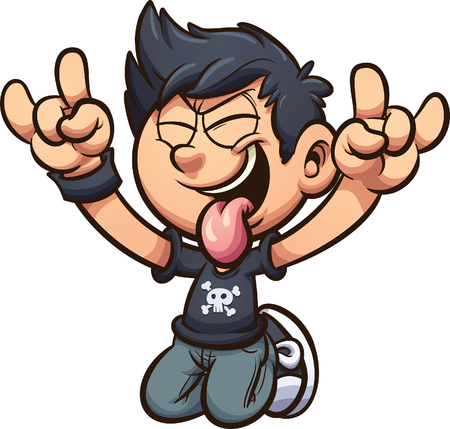 Cartoon kid rocking out on his knees with tongue out clip art. Vector illustration with simple gradients. All in a single layer.のイラスト素材