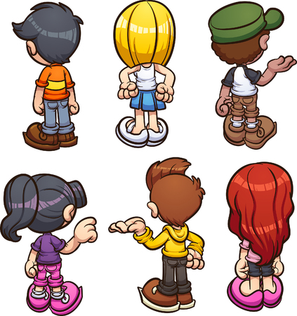 Cartoon kids back view clip art. Vector illustration with simple gradients. Each on a separate layer.のイラスト素材