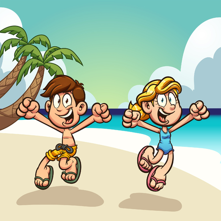 Cartoon kids enjoying summer vacations on the beach clip art. Vector illustration with simple gradients. Some elements on separate layers.のイラスト素材