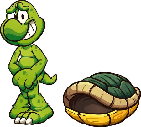 Naked cartoon turtle out of its shell clip art. Vector illustration with simple gradients. Turtle and shell on separate layers.のイラスト素材