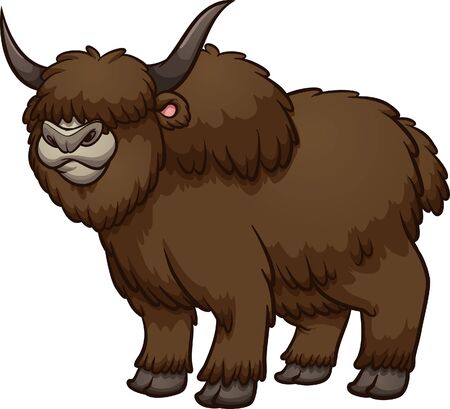 Furry, brown, wooly cartoon male yak standing clipart. Vector illustration with simple gradients. All in a single layer.のイラスト素材