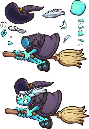 Cartoon Halloween witch character flying on her broom with different  face expressions, ready for animation. Vector illustration with simple gradients. Some elements on separate layers.のイラスト素材