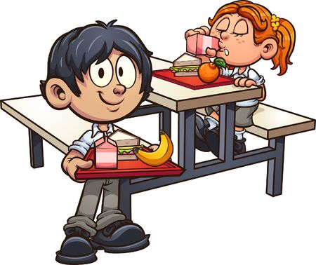 School boy and girl in uniform having lunch clip art. Vector illustration with simple gradients. Some elements on separate layers. 
のイラスト素材