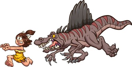 Angry cartoon spinosaurus dinosaur chasing a cave woman clip art. Vector illustration with simple gradients. Each on a separate layer.のイラスト素材