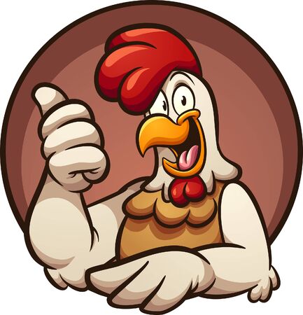 Chicken with thumbs up hand sign, coming out of a circle clip art. Vector  cartoon illustration with simple gradients. All in a single layer.のイラスト素材